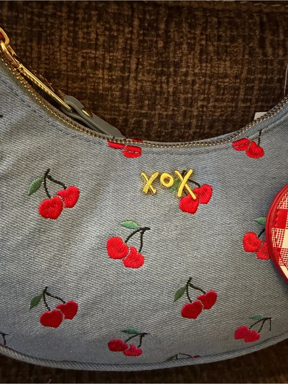 Betsey Johnson Denim Cherry Embroidered Shoulder Bag Zip Gold Hardware 🍒
